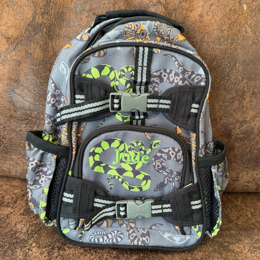 Pottery Barn toddler boys small backpack snakes Jude monogram green embroidery